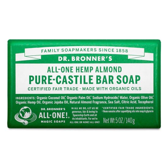 Picture of Dr. Bronnerâ€™s - Pure-Castile Bar Soap (Almond, 5 ounce, 12-Pack) - Made with Organic Oils, For Face, Body and Hair, Gentle and Moisturizing, Biodegradable, Vegan, Cruelty-free, Non-GMO