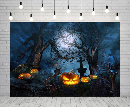 Picture of 7X5ft Evil Pumpkin Head Horror Cemetery Photography Background Dead Tree Branch Grave Halloween Spooky Night Photography Backdrop