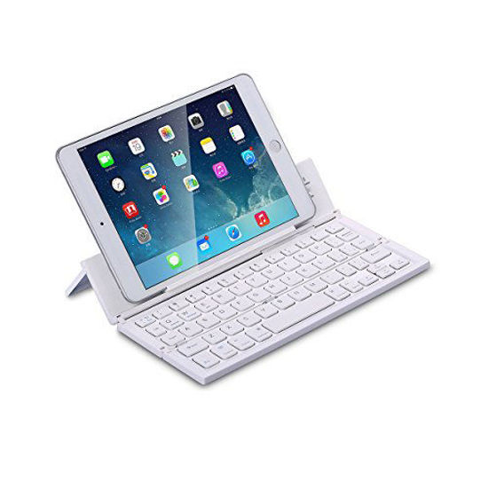 Picture of LeaningTech Portable Foldable Bluetooth Keyboard Aluminum Metal Collapsible Keypad with Kickstand Holder Phone Holder for iPhone, iPad, Samsung, Android, Windows Device- White