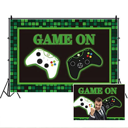 Picture of Video Game Theme Backdrop,Yeele 15x10ft Green Square Game Over Birthday Party Photography Background,Gaming Themed Party Supplies Banner Decoration Portrait Photo Booth Shoot Studio Props Wallpaper