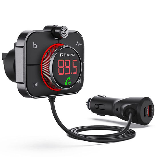 Picture of Rexing FMT2 FM Transmitter Car Charger w/Bluetooth 5.0, MicroSD Port, Wireless Audio Adapter USB & Type C, Quick Charge 3.0, Enhanced Bass Music Player, Hands-Free Calling, Siri&Google Assistant