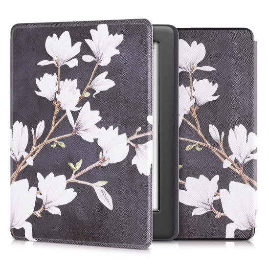 Picture of kwmobile Case Compatible with Kobo Glo HD / Touch 2.0 - Case PU e-Reader Cover - Magnolias Taupe / White / Dark Grey