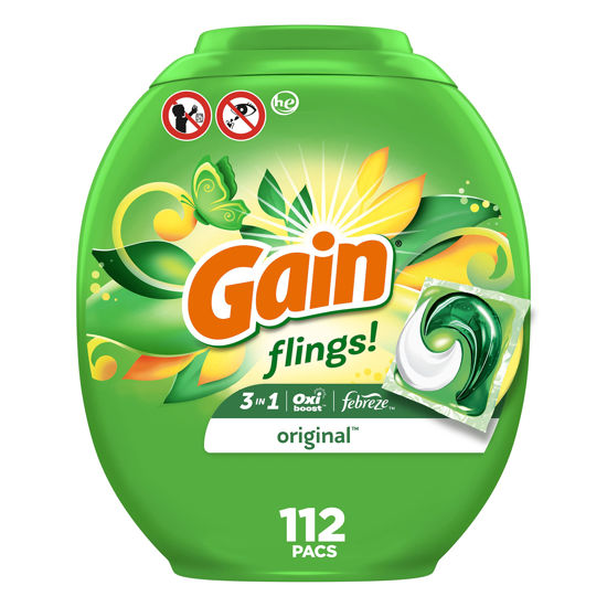 Picture of Gain flings Laundry Detergent Soap Pacs, HE Compatible, Long Lasting Scent, Original Scent, 112 count