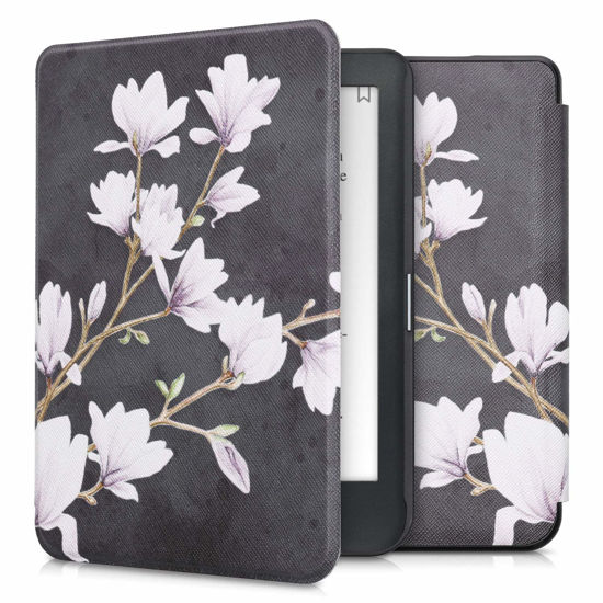 Picture of kwmobile Case Compatible with Kobo Clara HD - Case PU e-Reader Cover - Magnolias Taupe/White/Dark Grey