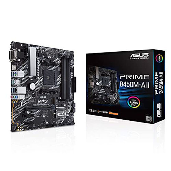 Picture of ASUS Prime B450M-A II AMD AM4 (Ryzen 5000, 3rd/2nd/1st Gen Ryzen Micro ATX Motherboard (128GB DDR4, 4400 O.C.), NVMe, HDMI 2.0b/DVI/D-Sub, USB 3.2 Gen 2, BIOS Flashback, and Aura Sync) (Renewed)