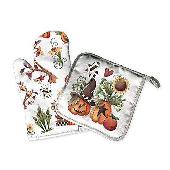 Picture of Decorative Cloth Kitchen Oven Mitt Pot Holder Set | Autumn Fall Halloween | Home Decor Seasonal Holiday Decorations | Rustic Harvest Pumpkin Spice Coffee