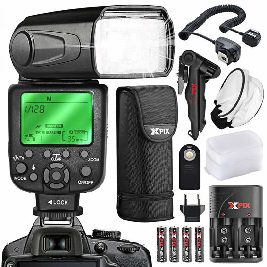 Picture of XPIX High Power Auto-Focus Digital SLR Flash W/LCD for Canon DSLR Cameras + Rechargeable AA Batteries with Quick Travel Charger, Handheld Tripod, Universal Remote & Deluxe Accessory Bundle