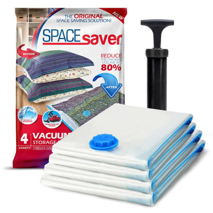 Picture of Spacesaver Vacuum Storage Bags (Variety 4 Pack) Save 80% on Clothes Storage Space - Vacuum Sealer Bags for Comforters, Blankets, Bedding, Clothing - Compression Seal for Closet Storage. Pump for Travel.