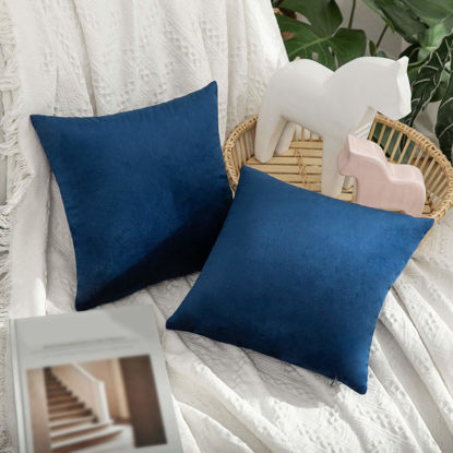 Picture of MIULEE Pack of 2 Velvet Pillow Covers Decorative Square Pillowcase Soft Solid Cushion Case for Sofa Bedroom Car 14 x 14 Inch Dark Blue