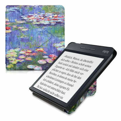 Picture of kwmobile Origami Case Compatible with Kobo Libra H2O - Case Slim Premium PU Leather Cover with Stand - Water Lilies Pink / Green / Blue