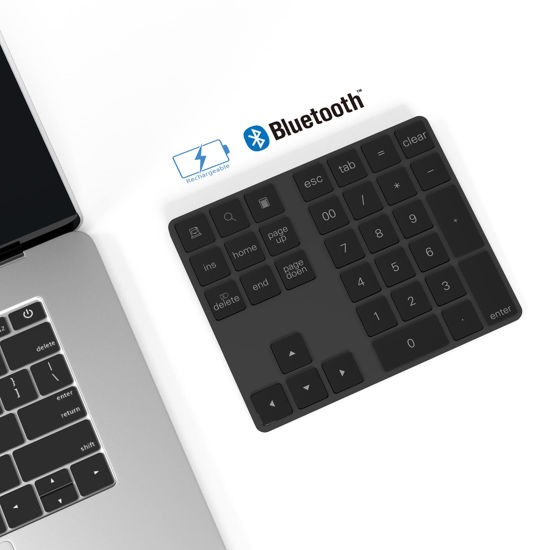 Picture of Bluetooth Numeric Keypad with Multiple Shortcuts 34 Keys Rechargeable Number Pad Wireless Portable Slim Number Pad for iPad/Laptop/PC Compatible with Windows Android iOS System