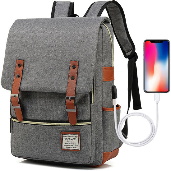 Picture of UGRACE Vintage Laptop Backpack with USB Charging Port, Elegant Water Resistant Travelling Backpack Casual Daypacks School Shoulder Bag for Men Women, Fits up to 15.6Inch Laptop in Grey