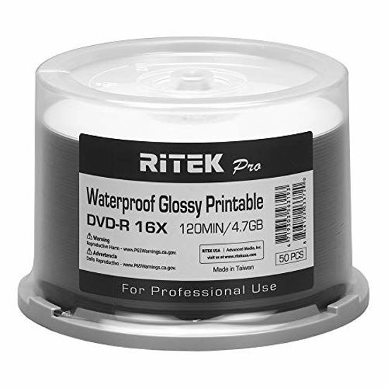 Picture of 300 Pack Ritek Pro (Professional Grade) DVD-R 16X 4.7GB AZO Dye (MID MXL RG04) Watershield Water Resistant Glossy White Inkjet Hub Printable Blank Recordable Disc