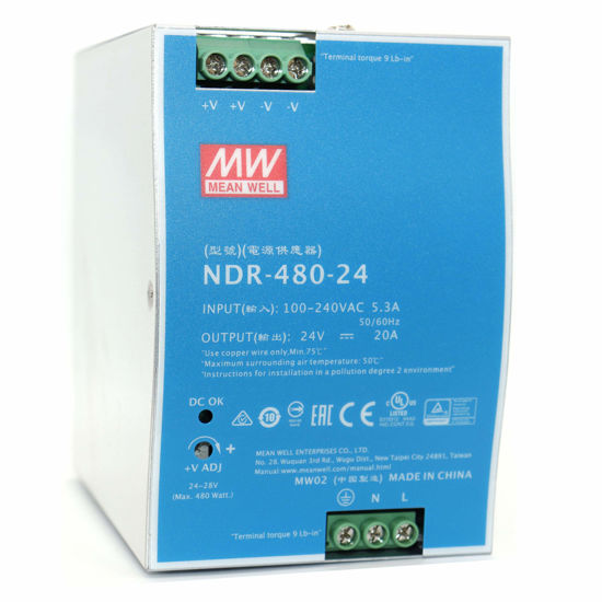Picture of Mean Well NDR-480-24 480W 20A 24VDC Single Output AC to DC DIN Rail Power Supply (NDR Series Economical Model EMC EN55022 Class B)