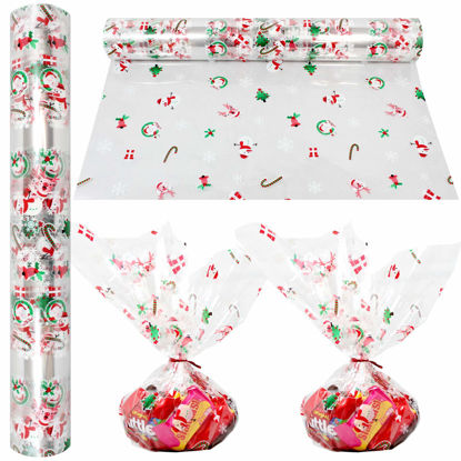 Picture of AnapoliZ Christmas Cellophane Wrap Roll | 100’ Ft. Long X 16” in. Wide | 2.3 Mil Thick, Crystal Clear with Christmas Designs| Gifts, Baskets, Treats, Cello Wrapping Paper | Santa, Snowman Cello Roll