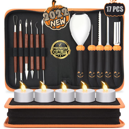 Picture of Upgraded 17 PCS Pumpkin Carving Kit for Adults & Kids with Professional Detail Sculpting Tools, Heavy Duty Stainless Steel Knife Set with Carrying Case for Halloween Decoration