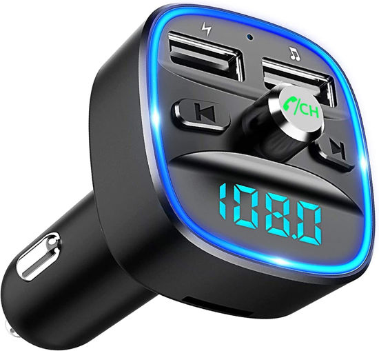 Picture of Bluetooth FM Transmitter for Car, Blue Ambient Ring Light Wireless Radio Car Receiver Adapter Kit with Hands-Free Calling, Dual USB Charger 5V/2.4A and 1A, Support SD Card, USB Disk (Black)