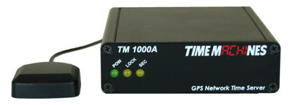 Picture of TimeMachines, NTP Network Time Server with GPS, TM1000A, A GPS Antenna maintains current time broadcast by U.S. Satellites