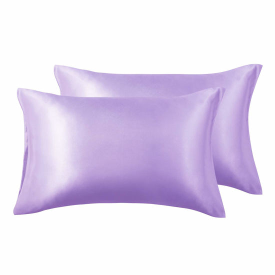 Picture of Love's cabin Silk Satin Pillowcase for Hair and Skin (Light Purple, 20x36 inches) Slip King Size Pillow Cases Set of 2 - Satin Cooling Pillow Covers with Envelope Closure