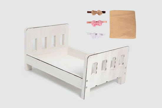 Picture of Kackool Newborn Photography Posing Props White Wooden Bed Doll Bed with Coffee Color Wrapped Cloth and Head Flower