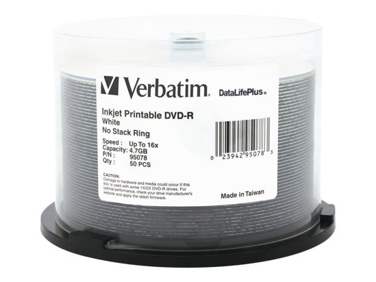 Picture of Verbatim 4.7GB Up to 16X Datalifeplus White Inkjet Printable Recordable Disc DVD-R, 50 -Disc Spindle