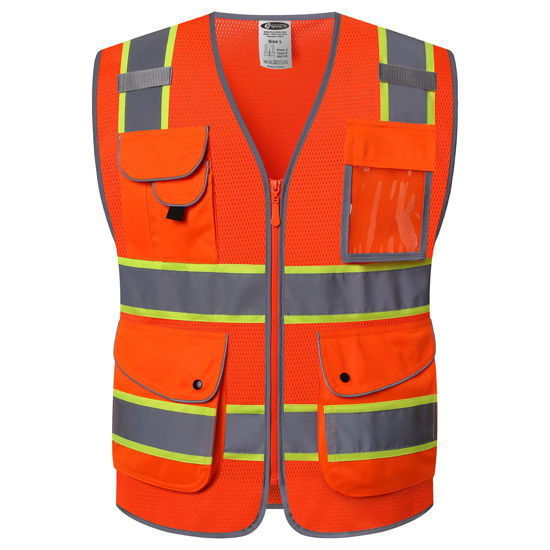 GetUSCart- JKSafety 9 Pockets Hi-Vis Reflective Safety Vest, Mesh Fabric, Fluorescent Orange Color with Neon Yellow Extended Trims