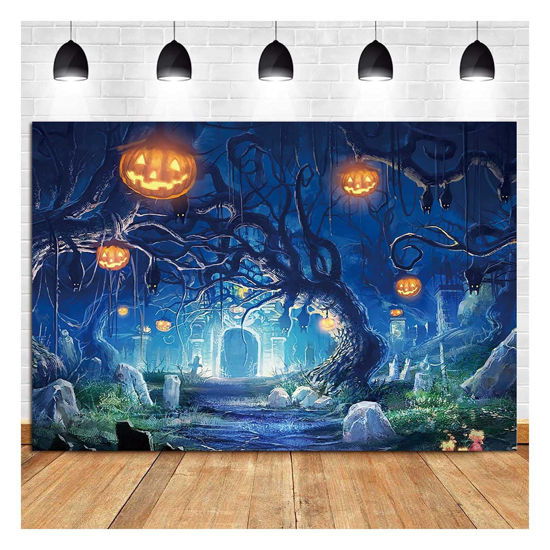 Picture of Halloween Themed Photo Background 7x5ft Forest Scary Moon Night Spooky Forest Pumpkins Jack Lantern Kids Birthday Party Before Xmas Baby Shower Photography Backdrops Photo Props Vinyl