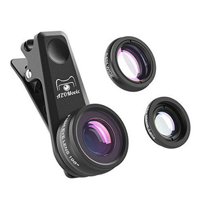 Picture of Azomovic Cell Phone Lens Kit, 3 in 1 Camera Lens Kit, 0.63X Wide Angle Lens +15X Macro Lens +198° Fisheye Lens, Professional for iPhone 8,7,6, 6s, X, Samsung, HTC, Nexus, iPad & Smartphones