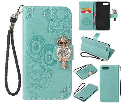 Picture of Amocase Wallet Case with 2 in 1 Stylus for iPhone 8 Plus,3D Bling Gems Owl Magnetic Mandala Embossing Strap PU Leather Card Slot Stand Case for iPhone 7 Plus/iPhone 8 Plus 5.5 inch - Mint Green