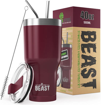 Picture of Beast 40 oz Tumbler Stainless Steel Vacuum Insulated Coffee Ice Cup Double Wall Travel Flask (Cranberry Red)