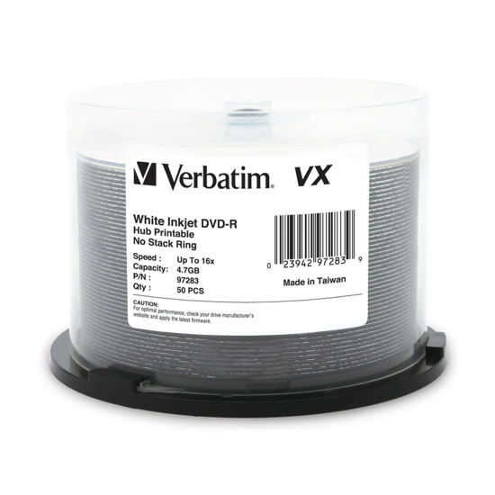 Picture of Verbatim DVD-R 4.7GB 16X VX White Inkjet Printable, Hub Printable - 50pk Spindle, Shiny Silver (97283)