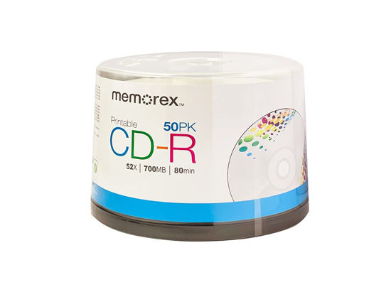 Picture of Memorex CD-R White Inkjet Printable Discs with 52x Recording Speed and 80 mins of Storage (50-Pack Cake Box)