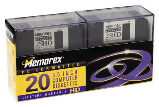 Picture of Memorex 32103672 3.5" Floppy Disk (MF2HD IBM Formatted, Black, 20-Pack)