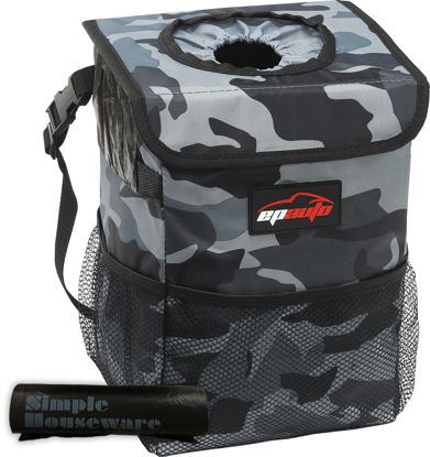 Picture of EPAuto Waterproof Car Trash Can with Lid and Storage Pockets (Camouflage Grey)