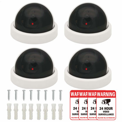 Picture of Fake Security Cameras Dummy Security Dummy Camera with Realistic Flashing LED Light for Home Security and Business Use, Indoor and Outdoor (Extra Alert Warning Stickers) 4 Pack White