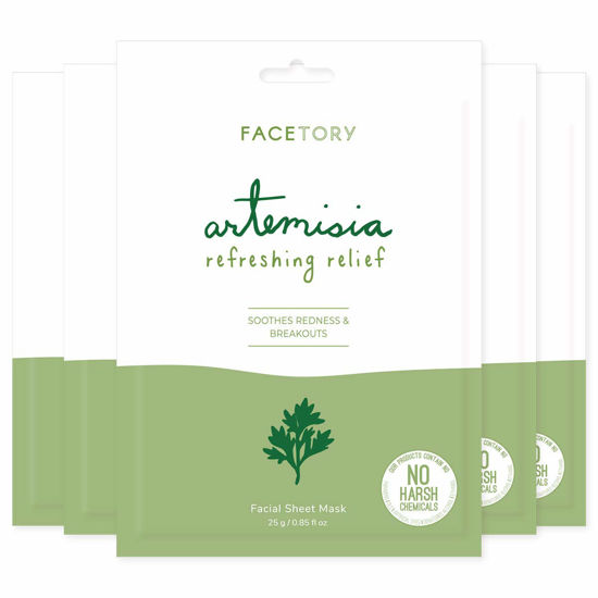 Picture of FACETORY Artemisia Refreshing Relief Sheet Mask with Artemisia Extract - Soft, Form-Fitting Facial Mask, For All Skin Types - Soothing, Balancing, and Calming (Pack of 5)