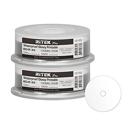 Picture of 50 Pack Ritek Pro (Professional Grade) BD-R Blu-ray 4X 25GB Watershield Water Resistant Glossy White Inkjet Hub Printable Blank Recordable Disc