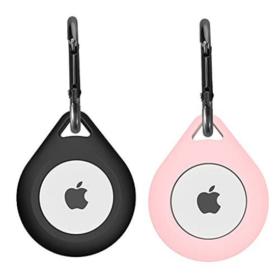 Picture of Silicone Cover for Apple AirTag Case with Carabiner,AirTag Key Finder Phone Finder Carry Cover Skin 2 PCS (Black,Pink)