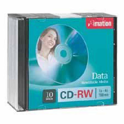 Picture of Imation Products - CD-RW, 4X, 700MB/80Min, Branded, 10/PK, Silver - Sold as 1 PK - CD-RW media offers maximum reliability and performance at recording speeds of 4X. The branded, rewritable disks provides up to 700MB or 80 minutes of recording time. Features increased recording speed and noise-free playback for a wide range of rewritable applications including database backup and archiving, Intern