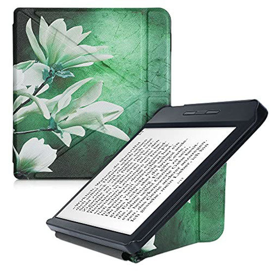 Picture of kwmobile Origami Case Compatible with Kobo Libra H2O - Case Slim Premium PU Leather Cover with Stand - Blooming Magnolia White/Yellow/Green