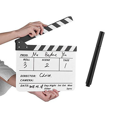 Picture of Andoer Dry Erase Acrylic Director Film Clapboard Movie TV Cut Action Scene Clapper Board Slate with Marker Pen, Black/White Stick, White