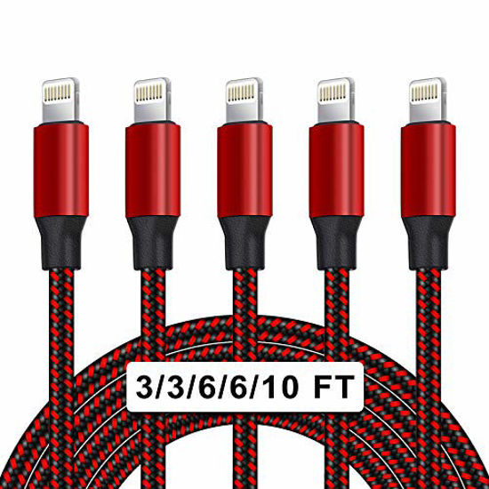 Picture of UNEN MFi Certified 5Pack[3/3/6/6/10ft] Nylon Braided iPhone Charger Lightning Cable Fast Charging&Syncing Long Cord Compatible iPhone 11Pro Max/11Pro/11/XS/Max/XR/X/8/8P/7 and More-Black&Red