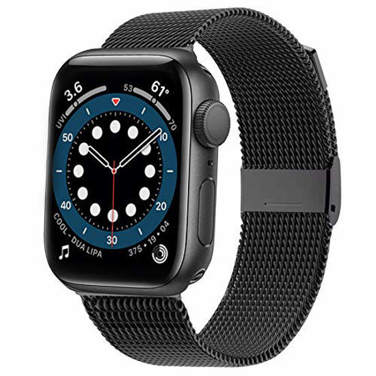 Picture of Swhatty Compatible with Apple Watch Band 42mm 44mm, Stainless Steel Mesh Loop Magnetic Closure Adjustable Metal Strap Compatible with iWatch Series 1/2/3/4/5/6/SE, 42mm/44mm Black