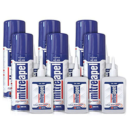 Picture of MITREAPEL Super CA Glue (6 x 3.5 oz) with Spray Adhesive Activator (6 x 13.5 fl oz) - Crazy Craft Glue for Wood, Plastic, Metal, Leather, Ceramic - Cyanoacrylate Glue for Crafting & Building (6 Pack)