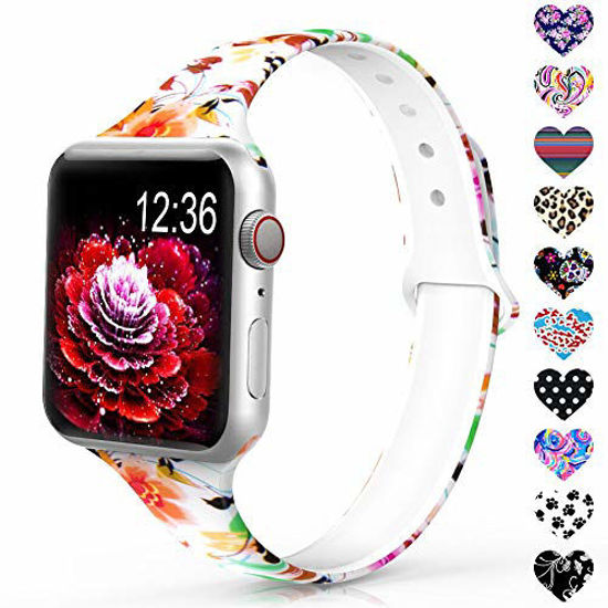 Picture of Sunnywoo Sport Band Compatible with Apple Watch 38mm 40mm 42mm 44mm, Narrow Soft Fadeless Floral Silicone Slim Thin Replacement Wristband for iWatch Series 4/3/2/1 Women Men