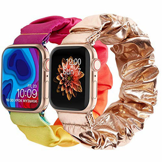 Picture of POY Compatible with Scrunchies Apple Watch Bands 42mm 44mm, Women Cloth Pattern Printed Fabric Wristbands Straps Elastic Scrunchy Band for iWatch Series 6 5 4 3 2 1 SE, (Small Rosegold, Rainbow)