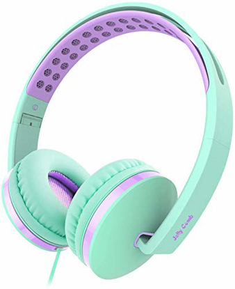 Picture of Kids Headphones for School, Jelly Comb Girls Lightweight Foldable Stereo Bass Kids Headphones with Microphone, Volume Control for Cell Phone, Tablet, Laptop, MP3/4(Green & Purple)- For Aged 6 or Above