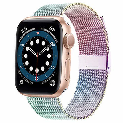 Picture of Swhatty Compatible with Apple Watch Band 42mm 44mm, Stainless Steel Mesh Loop Magnetic Closure Adjustable Metal Strap Compatible with iWatch Series 1/2/3/4/5/6/SE, 42mm/44mm Colorful Rainbow