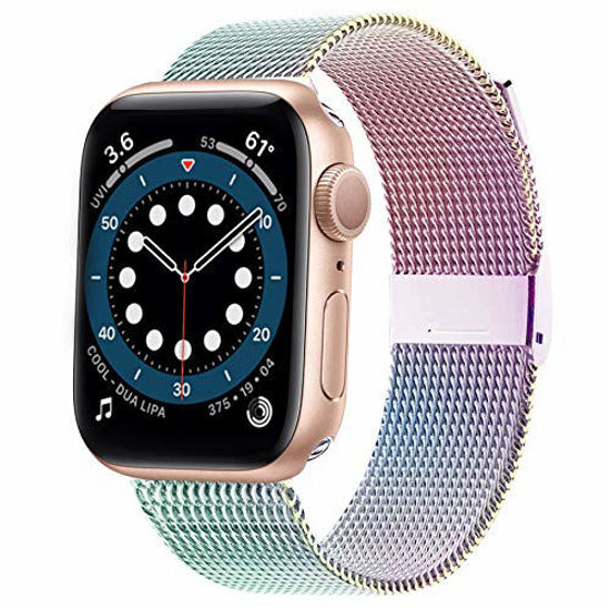 Picture of Swhatty Compatible with Apple Watch Band 38mm 40mm, Stainless Steel Mesh Loop Magnetic Closure Adjustable Metal Strap Compatible with iWatch Series 1/2/3/4/5/6/SE, 38mm/40mm Colorful Rainbow