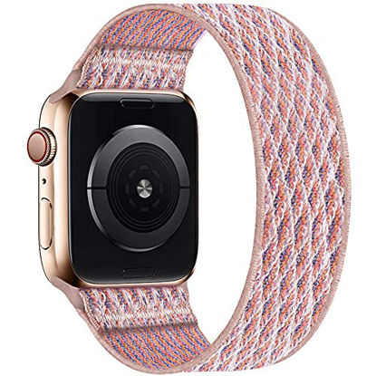 Picture of ENJINER Stretchy Nylon Solo Loop Bands Compatible with Apple Watch 38mm 40mm 41mm 42mm 44mm 45mm iWatch Series 7 6 SE 5 4 3 2 1 Strap, Sport Elastic Braided Women Men, 38/40/41mm S Plaid Pink Sand